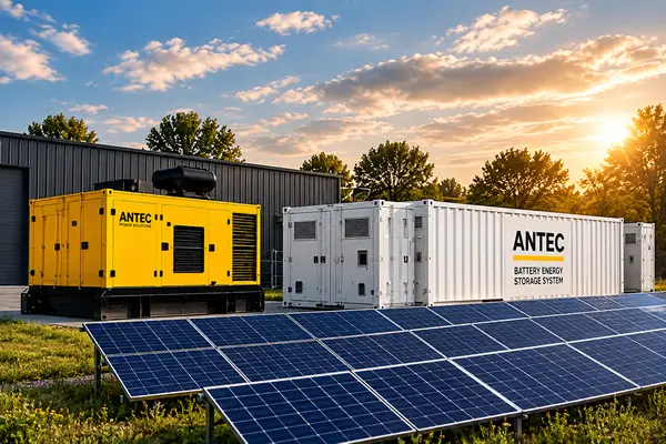 Hybride energiesysteem met Antec generator, BESS batterijopslag en zonnepanelen